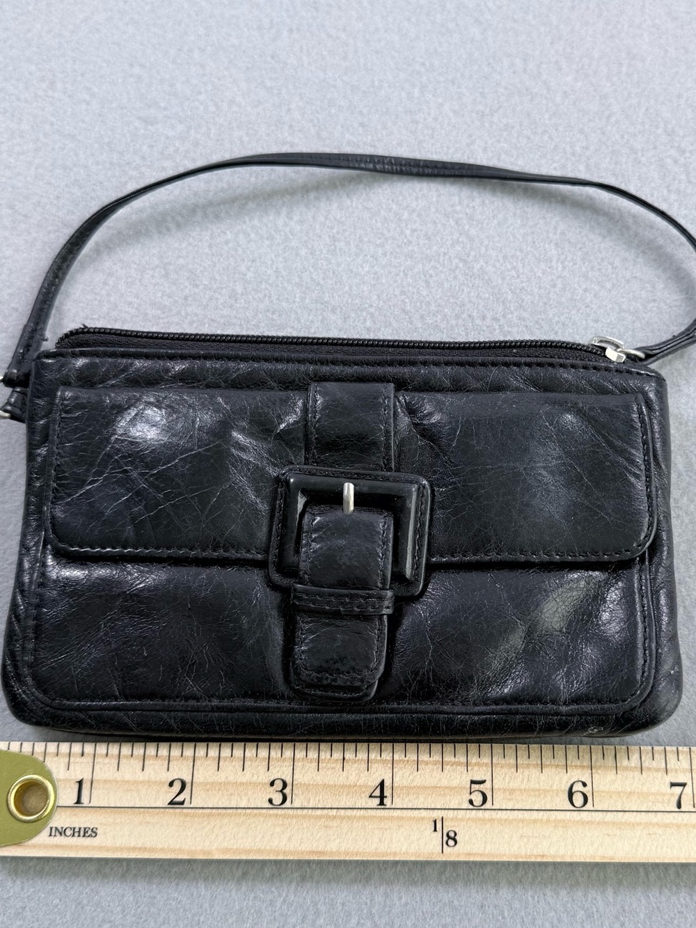 HOBO International Black Leather Wristlet Clutch Buckle Flap